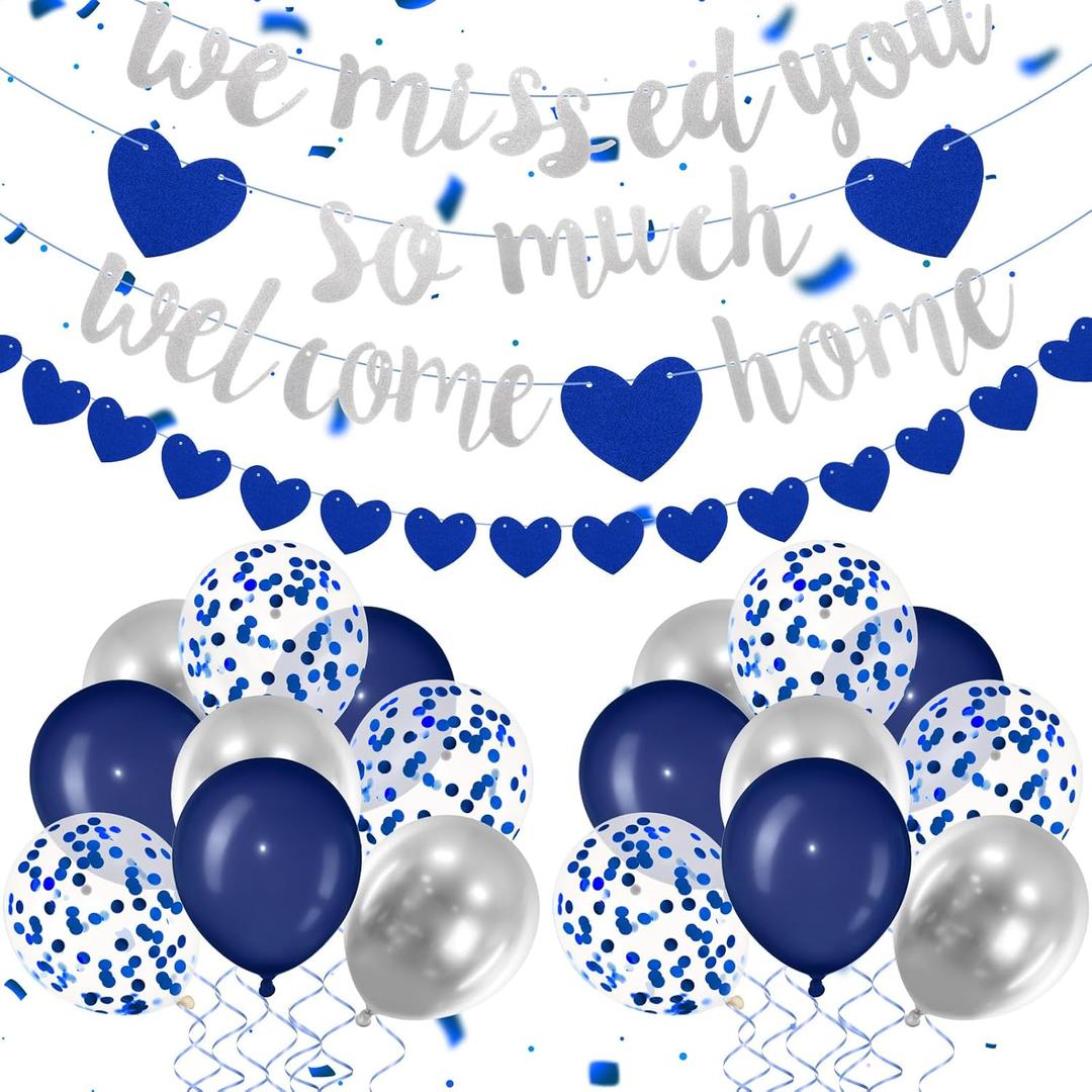 Navy Blue Silver Welcome Home Decorations We Missed You So Much Banner Glitter Garland and Balloons Family Housewarming Party Supplies Military Army Welcome Back Party Decor