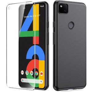 Dioxide Compatible for Google Pixel 4A 4G Phone Case with Screen Protector, Soft TPU Silicone Case Shockproof Non-Slip Camera Protective Case Slim Cover for Google Pixel 4A 4G Phone Case, Black