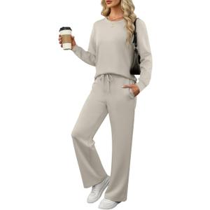 ANRABESS Women's 2 Piece Lounge Sets Casual Travel Outfits Wide Leg Tracksuit Sweatsuits Matching Set 2026 Fall Clothes (X-Large, Light Grey)