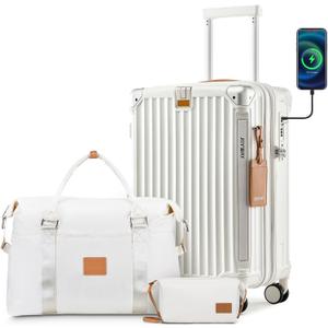 Joyway 20in Carry On Luggage with Cup Holder and USB Port, 25% Expandable Capacity, Smart Suitcase with Anti Slip Wheels and Handbag, Perfect for Men and Women 3 Piece Set White