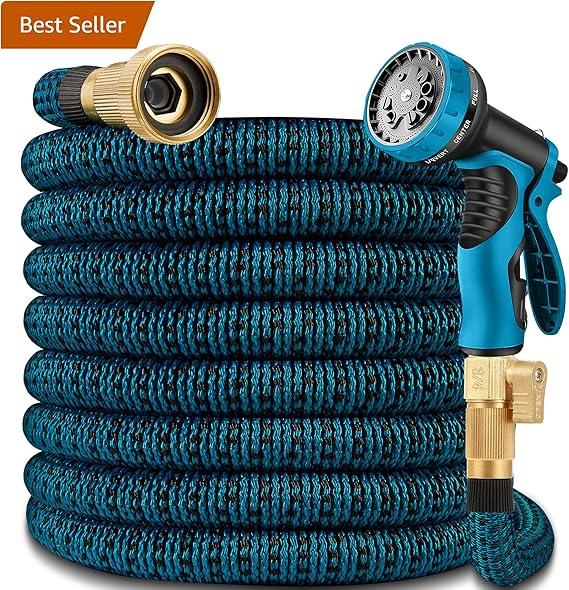 25 ft Expandable Garden Hose w/10 Function Spray Nozzle, Lightweight, No-Kink Flexible Hose with 3/4" Brass Fittings and 4-Layer Latex Core, 25ft Water Hoses for Gardening (Blue Black)