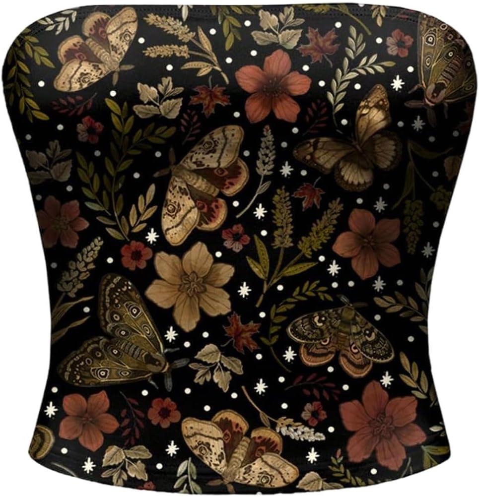 Women's Floral Boho Graphic Tube Tops Sleeveless Strapless Crop Tops Bandeau Going Out Tops 2026 (M)