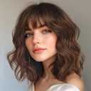 Lativ Brown Wigs with Bangs Bob Curly Wavy Highlight Hair with Dark Roots Short Wig for Women Natural Synthetic Fiber Shoulder Length for Cosplay Daily Use