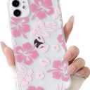 NITITOP Compatible with iPhone 12 Case Cute Clear Aesthetic Floral Flower Hibiscus Pattern for Girls Women Soft TPU Full Camera Lens Shockproof Protective Phone Cover - Pink