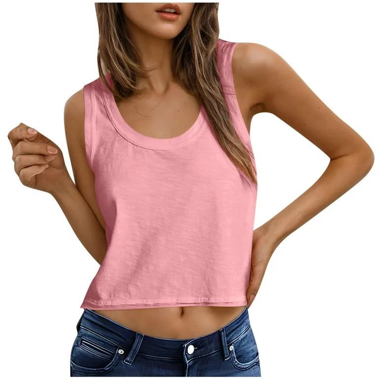 Cotton Crop Tops Womens Loose Fit Crewneck Sleeveless Tank Top Workout Casual Summer Tee Solid Color (L, Pink)
