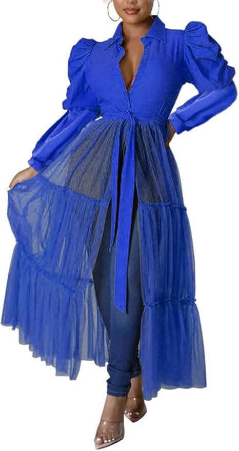 Ekaliy Womens Sexy Blouses Tunic Long Ruffle Sleeve Button Down Shirt Sheer Mesh Maxi Dress with Belt (XX-Large)