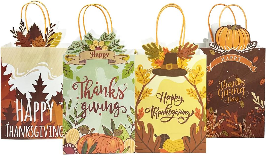 qiqee Fall Thanksgiving Paper Gift Bags with Handles Bulk Small Pumpkin Treat Bags Autumn Kraft Paper for Holiday Wedding Birthday Party Supplies (24PCS 6.1"9.8"3.1")