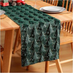 2 x Christmas Tree Soft Plush Faux Fur Christmas Table Runner Winter Holiday Kitchen Dining Table Decoration for Home Party Decor (Green, 13X72 Inch)