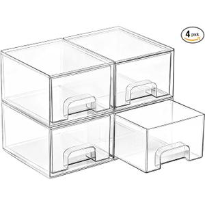 Vtopmart 4 Pack Small Clear Stackable Storage Drawers, Acrylic Bathroom Makeup Organizer, Plastic Storage Bins For Vanity, Undersink, Kitchen Cabinets, Pantry, Home Organization