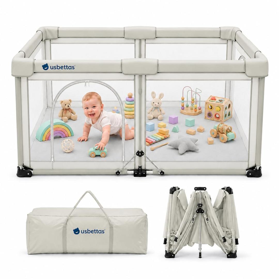 Foldable Baby Playpen, 1-Minute Setup, Lightweight Portable Playpen with Carry Bag, 59"x71" Indoor Outdoor Safty Play Yard for Babies & Toddlers, Beige