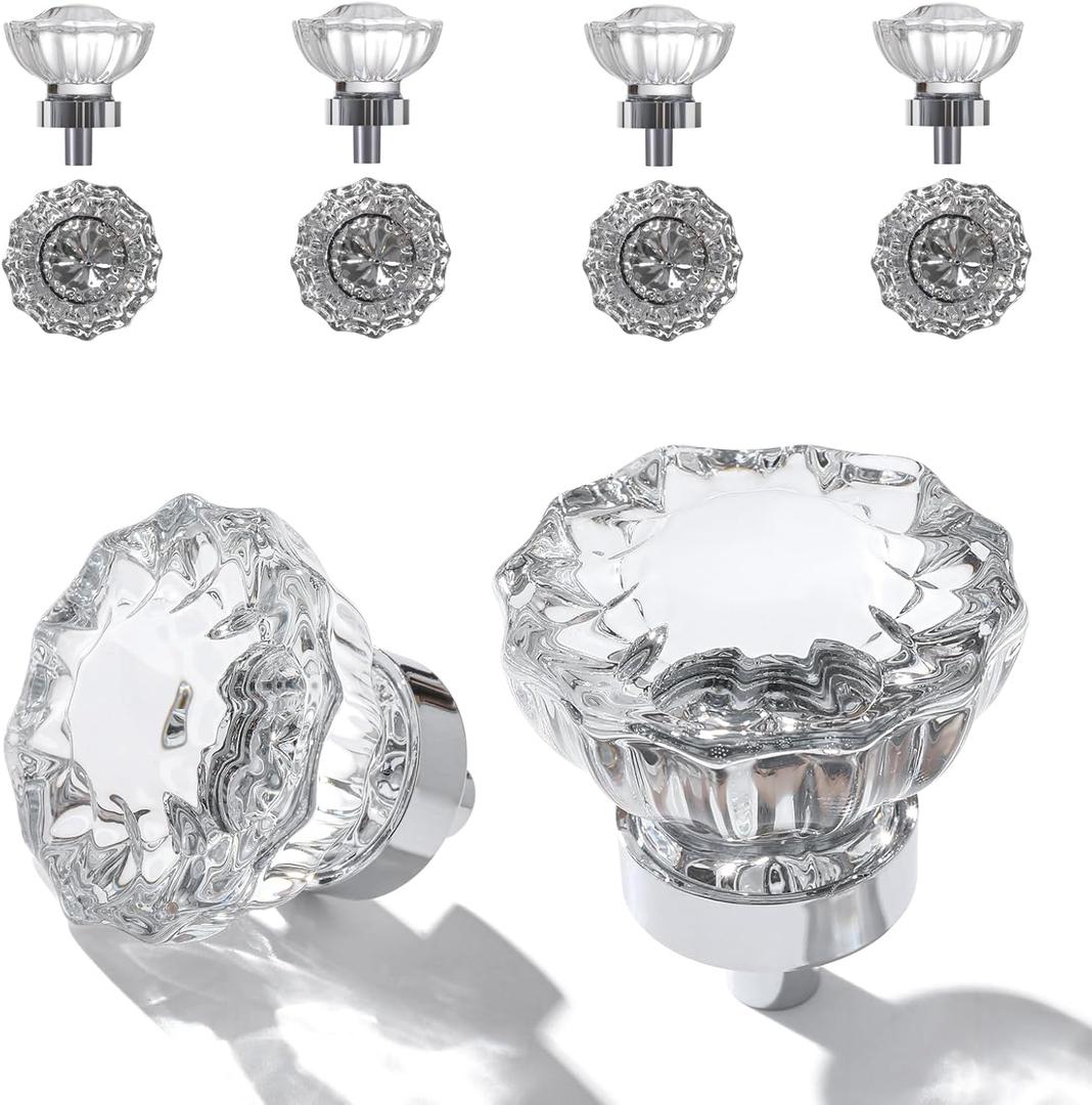 Glass Cabinet Knobs 8 Pack Crystal Vintage Knob for Kitchen Closet Dresser Drawers Cupboard Wardrobe, Clear Cabinets Hardwares Unique Decor Accessories with Screws Washers, Polished Chrome Base