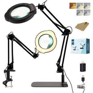 10X Magnifying Glass with Light and Stand, 5 Color Modes Stepless Dimmable LED Lighted Desk Lamp, Hands-Free Mag Desk Lamp with Clamp for Craft Hobby Painting Sewing Close Work Repair
