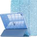 INFILAND for iPad 9th/8th/7th Generation - 10.2 inch Glitter Case, Blue with Clear Back, Pencil Holder for Kids