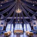 Navy Blue Ceiling Drapes with Lights String for Weddings, 6 Panels 5ftx30ft Sheer Tulle Backdrop Photo Background Drapes for Wedding Ceremony Birthday Party Arch Decoration