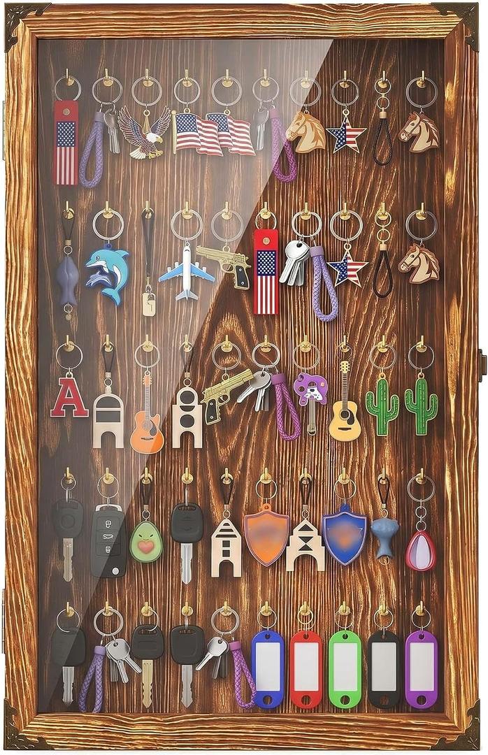Large Wall-Mounted Keychain Display Case, 50 Hooks, 14.2 inches x 24.4 inches x 2.6 inches
