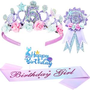 4 Pack Mermaid 5th Birthday Decorations 5th Birthday Crown Headdress Ribbon Starfish Shell Mermaid Tail Cake Decoration Gift