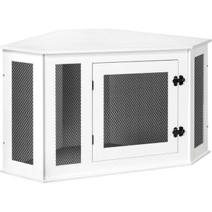 Corner Dog Crate Furniture, Wooden Dog Kennel End Table, Decorative Pet Crate Indoor Use, Furniture Style Dog House for Small Medium Dog, Dog Cage TV Stand, White and Black DCWT0801