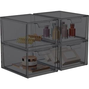 4 Pack Stackable Makeup Organizer and Storage, Acrylic OrganizersClear Plastic Storage Drawer with Pull-Out Handles for Vanity, Undersink, Kitchen Cabinets, Pantry, Black