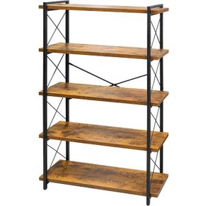 HCHQHS Bookshelf, 5-Tier Industrial Bookcase, Rustic Open Book Shelf, Freestanding Tall Bookshelves with Metal Frame