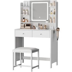 White Vanity with Lighted Mirror, 8 Shelves, 2 Drawers, Charging Station, Hair Dryer Holder & Stool, LED Mirror with 3 Light Modes, 1 Count