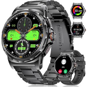 Military Smart Watch for Men(Answer/Dial Calls),1.46'' AMOLED Touchscreen/5ATM Waterproof/120+ Sports Modes Fitness Watch with Blood Pressure/Heart Rate/SpO2/Pedometer for Android/iOS Smartwatch