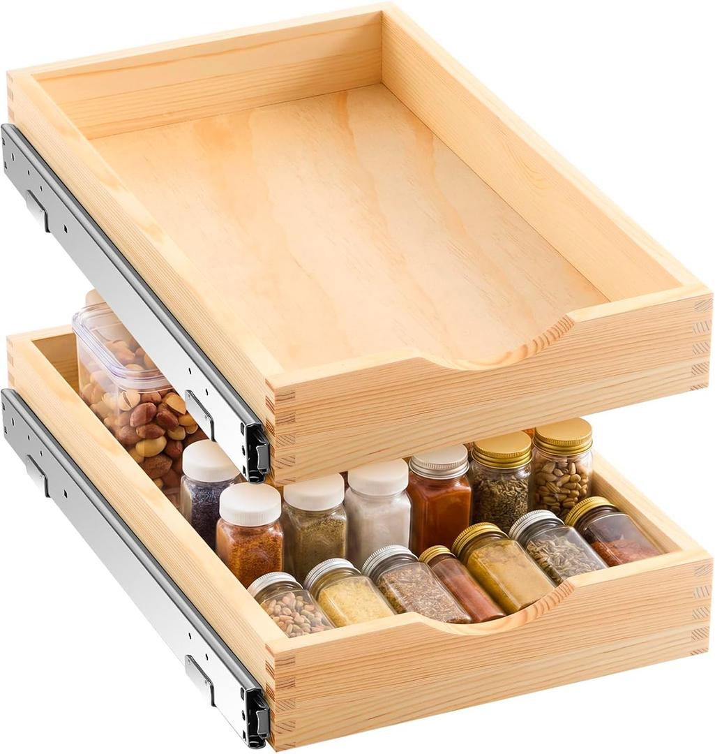Menkxi 2 Set Wooden Pull out Cabinet Organizer Fully Assembled Slide out Pantry Drawer with Gentle Close Storage Shelf Tray for Base Kitchen Under Sink Bathroom (Wood Color,14'' X 21'' X 3'')