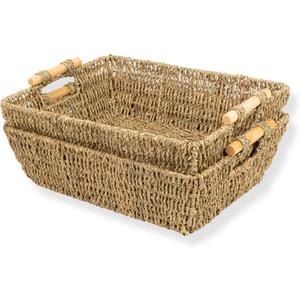 Wicker Storage Baskets for Shelves with Wooden Handles, Ella Seagrass Wicker Baskets for Shelves & Storage, Handwoven Seagrass & Water Hyacinth Baskets, Set of 2, Large, Natural