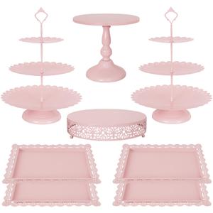Fivenl 8 Pcs Cake Stand Pink Metal Dessert Table Display Set, 3-Tier Cupcake Stand, Cake Display Tower and Cookie Tray Rack Serving Tray for Birthday Party, Weddings, Baby Shower (Pink)