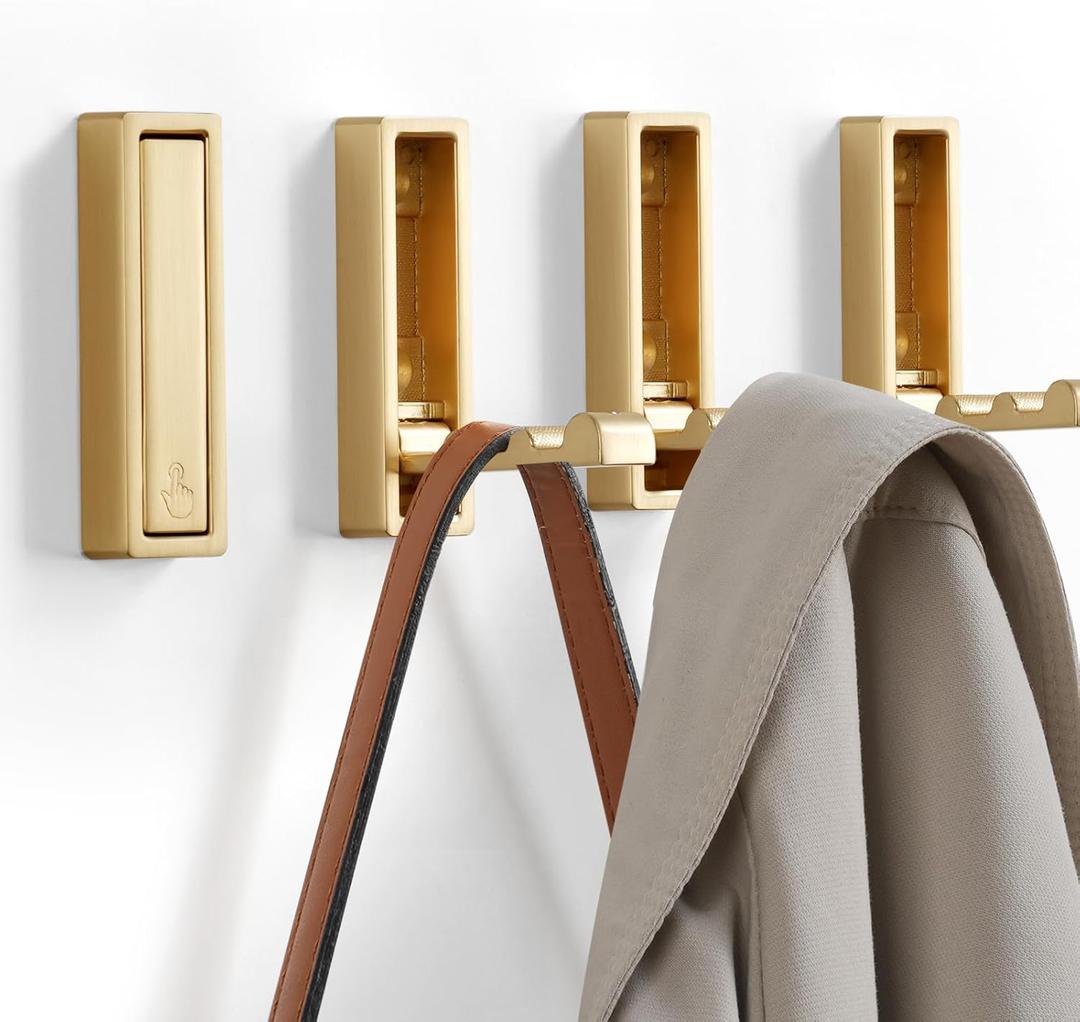 Folding Coat Hooks, 4Pcs Foldable Heavy Duty Wall Hooks Zinc Alloy No Rust Fold Up Hooks for Coat, Towel, Key, Hat, Bag, Jacket, Backpack. (Gold)
