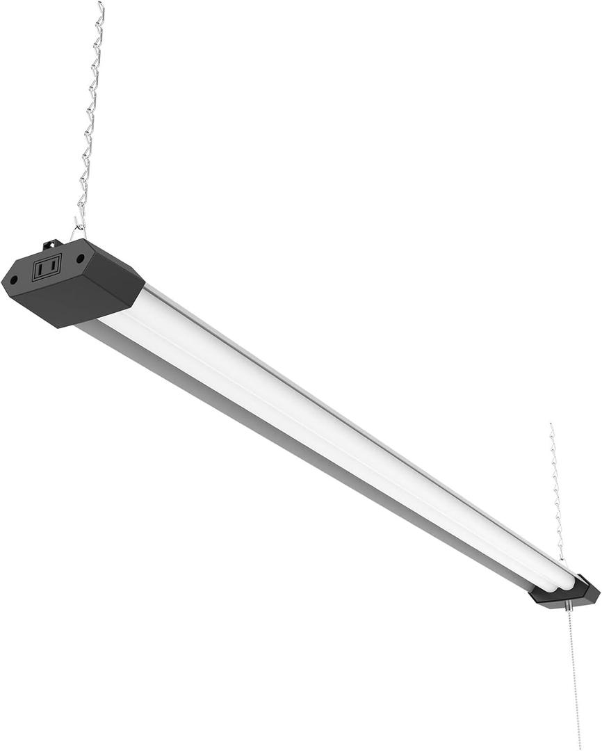 Quarterback 4FT 50W LED Shop Light Linkable with Hexagon Shade Reflector Cover Daylight White 5000K Pull Chain Plug in Workshop Fixture for Garage Basement