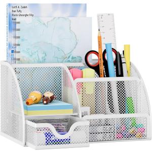 EasyPAG Mesh Desk Organizer, Multi-Functional Stationery Organizer for School Supplies, Office Pen Holder for Desk, 6 Compartments Dorm Organization with Drawer, White