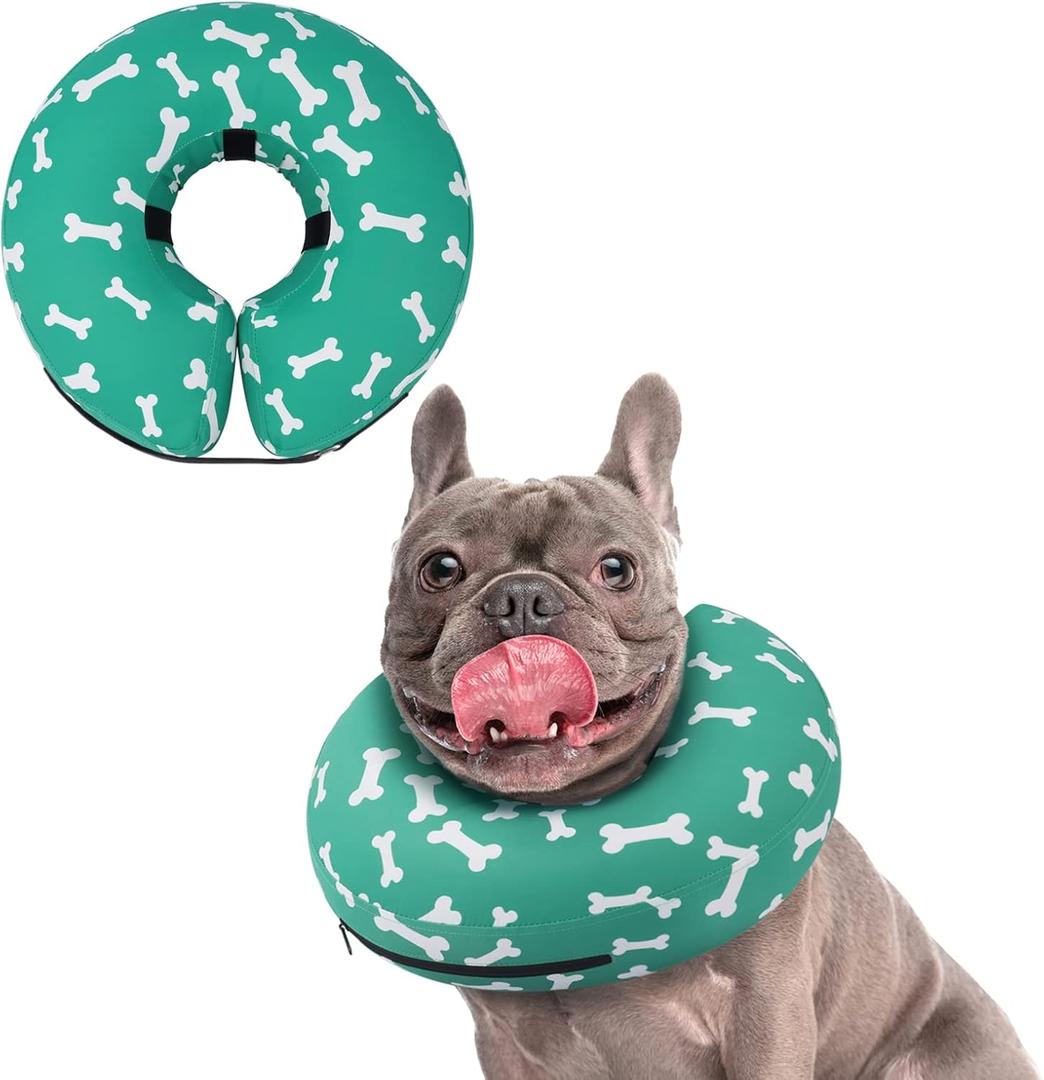 Supet Inflatable Dog Cone Collar Alternative After Surgery, Doggie Neck Donut Collar Recovery ECollar for Post Surgery, Soft Dog Cone for Small Medium Puppies Cats (S(Neck 7"-9.5"), T Bone Green)