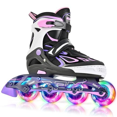2PM SPORTS Vinal Inline Skates for Girls Boys Kids with Adjustable Illuminating Wheels, Inline Roller Skates for Youth Women Men - Purple Pink (Medium 30-33)