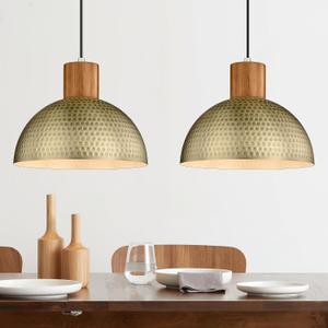 ELYONA 2 Pack Hammered Pendant Lights 12 Vintage Metal & Wood Dome Hanging Lamp Antique Gold Industrial Kitchen Pendant Light Fixtures for Island, Farmhouse, Dining Room, Sink, Hallway, Brushed Brass