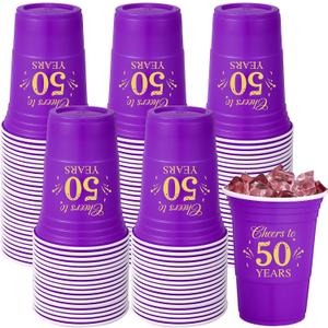 Ziliny 50 Pack 50th Birthday Decorations Birthday Cups 16 oz Disposable Plastic Gold and Purple Cheers to 50 Years Cups for Men Women Hot Cold Drinks for Wedding Anniversary Supplies(Purple)
