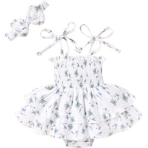YOUNGER TREE Baby Girl Clothes Infant Summer Romper Dress Sleeveless Bodysuit Jumpsuit with Headband Toddler Outfits (White Blue Floral, 6-12 Months)