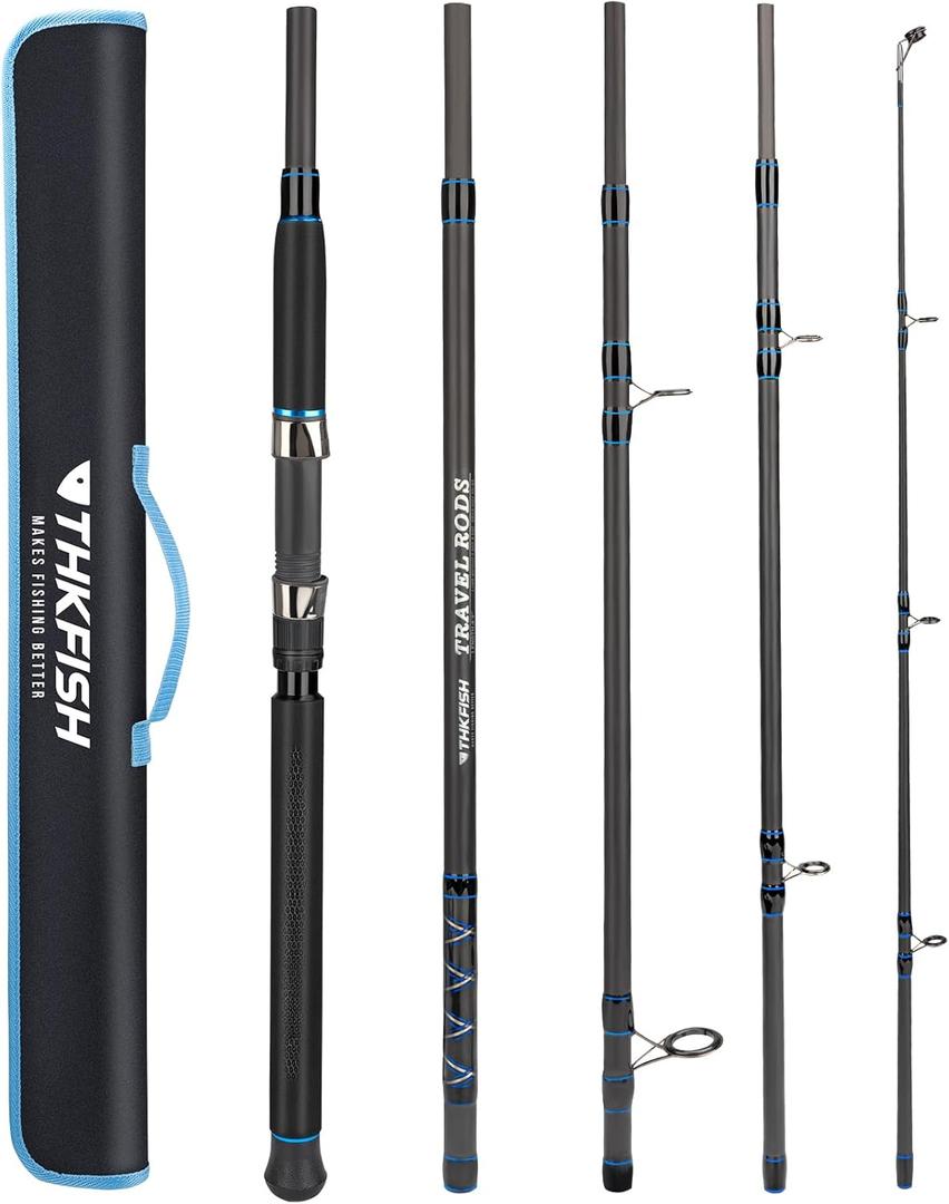 THKFISH 4 Piece/5 Piece Saltwater Travel Rod, Heavy Spinning Fishing Rod Portable Travel Surf Rod Carbon Fiber Saltwater Boat Fishing Rod 69/79/89 with Case Bag for Seawater Fish
