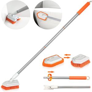 JEHONN 2-in-1 Tub and Tile Cleaning Brush with Long Handle, Shower Scrubber with Detachable Stiff Bristle Scrub Brush and Sponge Head for Bathroom, Bathtub, Floor