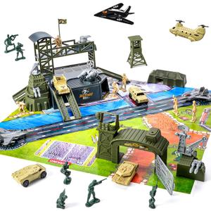 47 Pieces Military Base Set, Army Men Playset with Vehicles Accessories, Soldier Army Men and Play Map, Mini Army Toy Tank, Warplane, Helicopter Playset Plastic Christmas Toys Gifts for Kids Boys