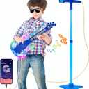 Guitar and Microphone Play Set for Boys New Upgrade, Karaoke Machine with Music & Light, Microphone Toys with Stand, Adjustable Height Guitar Toys for Kids, Toddlers, Child (Blue)