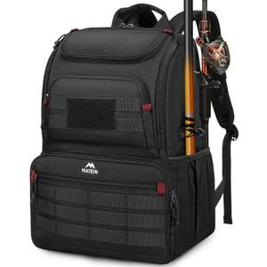 MATEIN Fishing Backpack Tackle Box, Water Resistant Tackle Backpack Fishing Bags with Cooler & Rod Holders, Large Fish Organizer Box Storage Gear Accessories, Fish Gifts for Men, Black