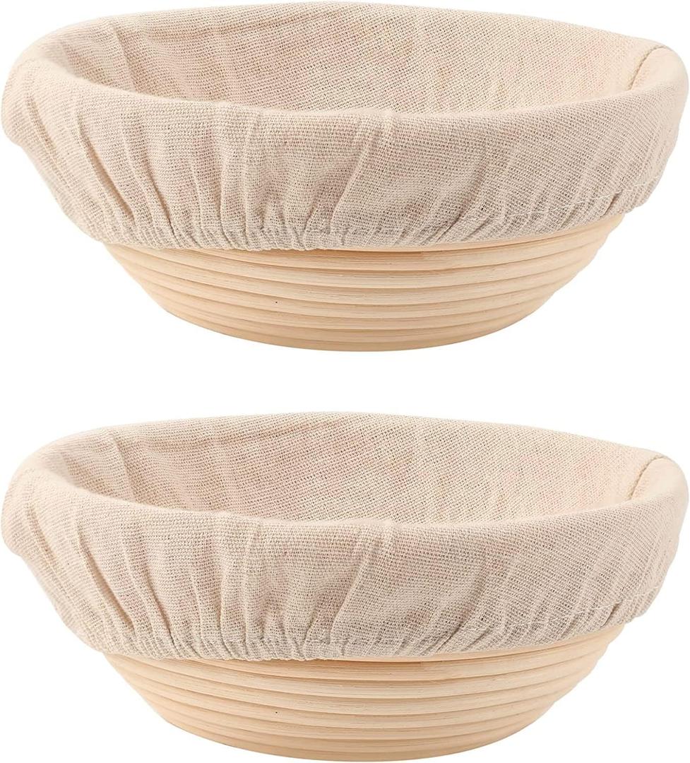 DOYOLLA Round Bread Dough Proofing Rising Rattan Baskets(Set of 2, 9 inch) w/Liners for Home Sourdough Bread Bakers