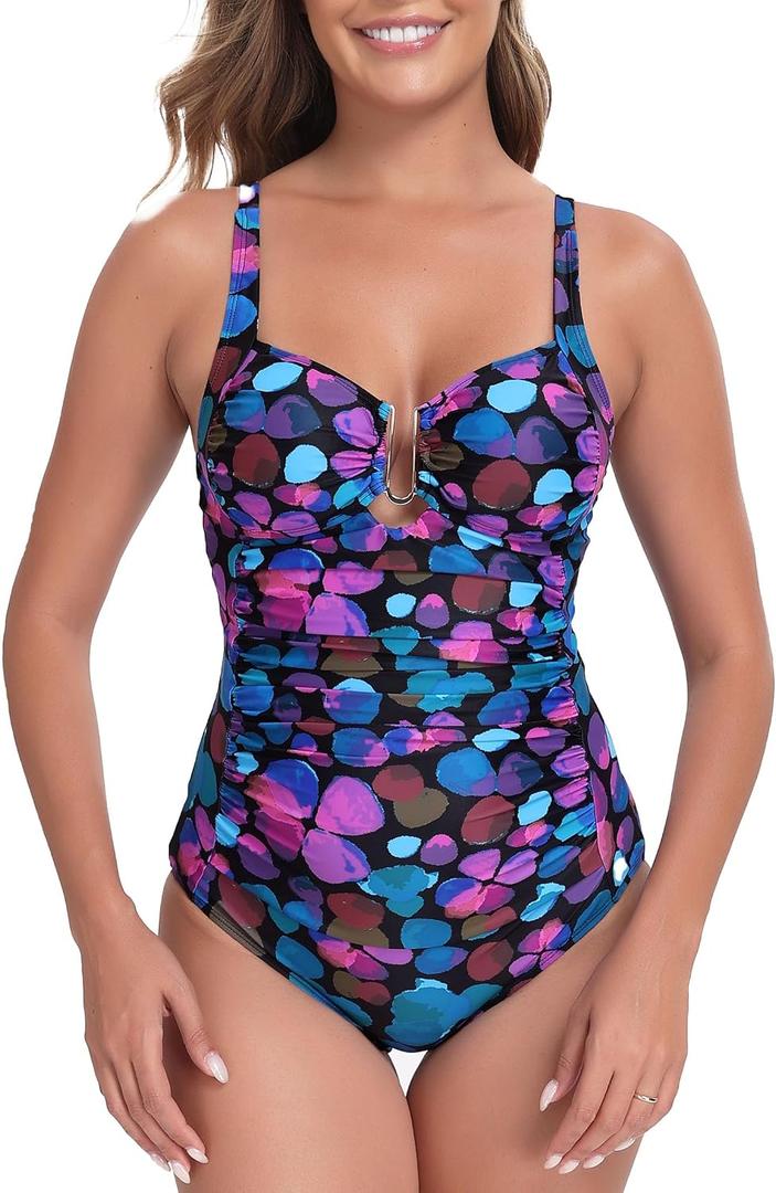 Itzel Women's Ruched Twist Front One Piece Swimsuit Tummy Control Push Up Vintage Retro Bathing Suits (Purple)