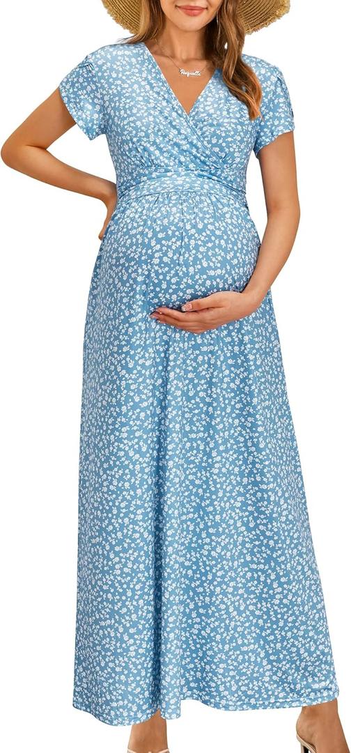OUGES Maternity Maxi Dress Wrap Baby Shower Pregnancy Dresses for Photoshoot Maternity Outfits Summer Clothes 2026, Size Large