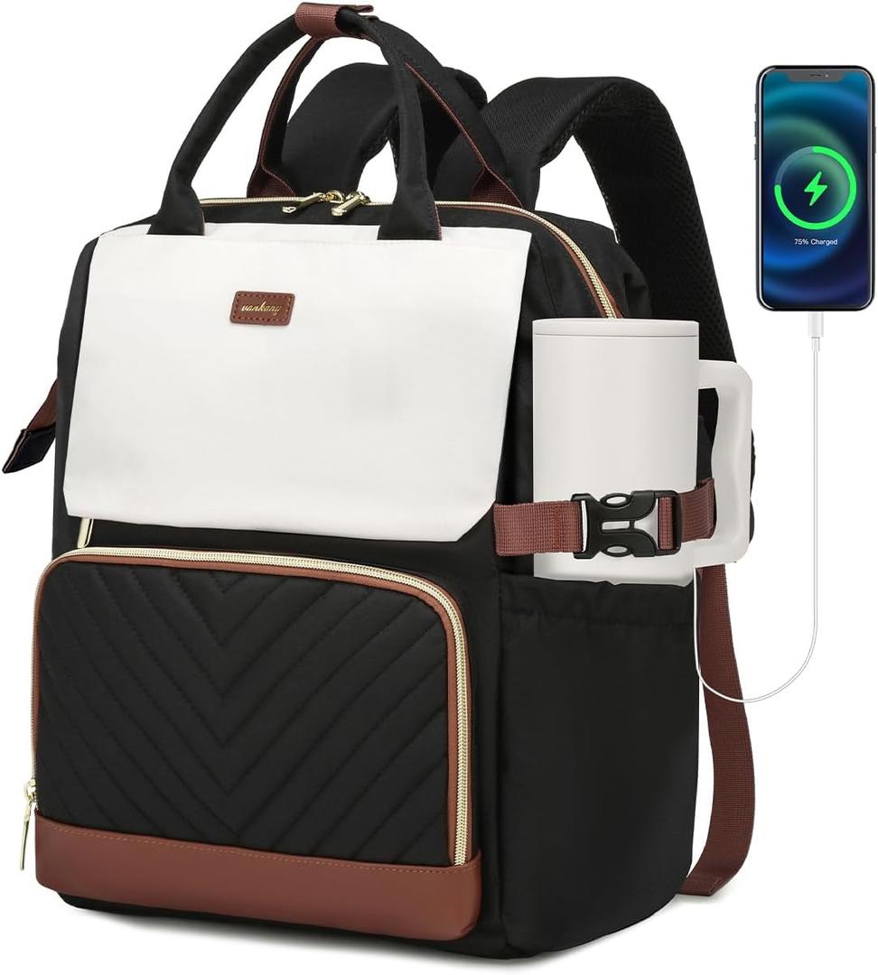 Bookbag for Women Laptop Backpack, Teacher Nurse Work Computer Bags with Cup Holder & USB Charger for Travel, School Bag College Back Pack for Girls, Black/White/Brown