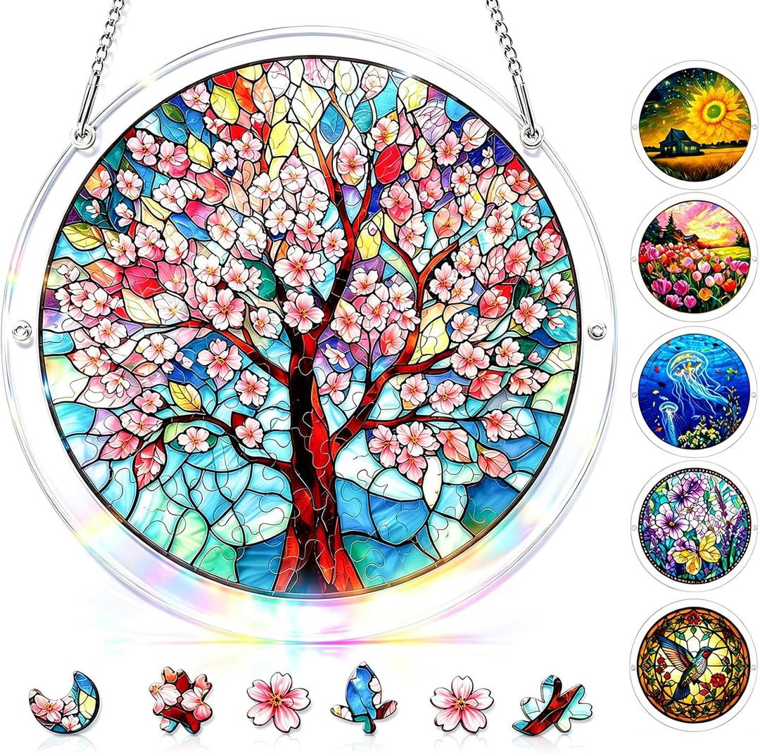 Acrylic Jigsaw Puzzle Suncatcher Kit 7.8 Inch, Cherry Blossom Tree Acrylic Puzzle Suncatcher for Adults, DIY Window & Garden Hanging Decor, Home Decor Gift for Women, Mom, Friends