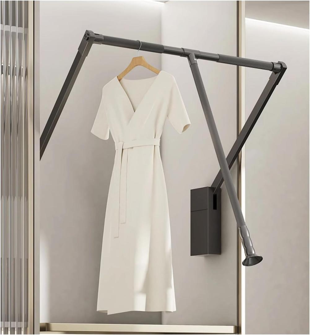 Pull Down Closet Rod for Hanging Clothes, Retractable Wardrobe Hanger for Cabinet Inside Width 26"~35", Aluminium alloy Tubing with Plastic Housing, 44 lb Weight Rating (Gray)