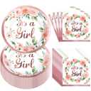 Umigy 100 Pcs Baby Shower Decorations Set for 50 Guests Baby Shower Paper Plates and Napkins for Gender Reveal Disposable Utensils Tableware Birthday Party Supplies(It's A Girl)