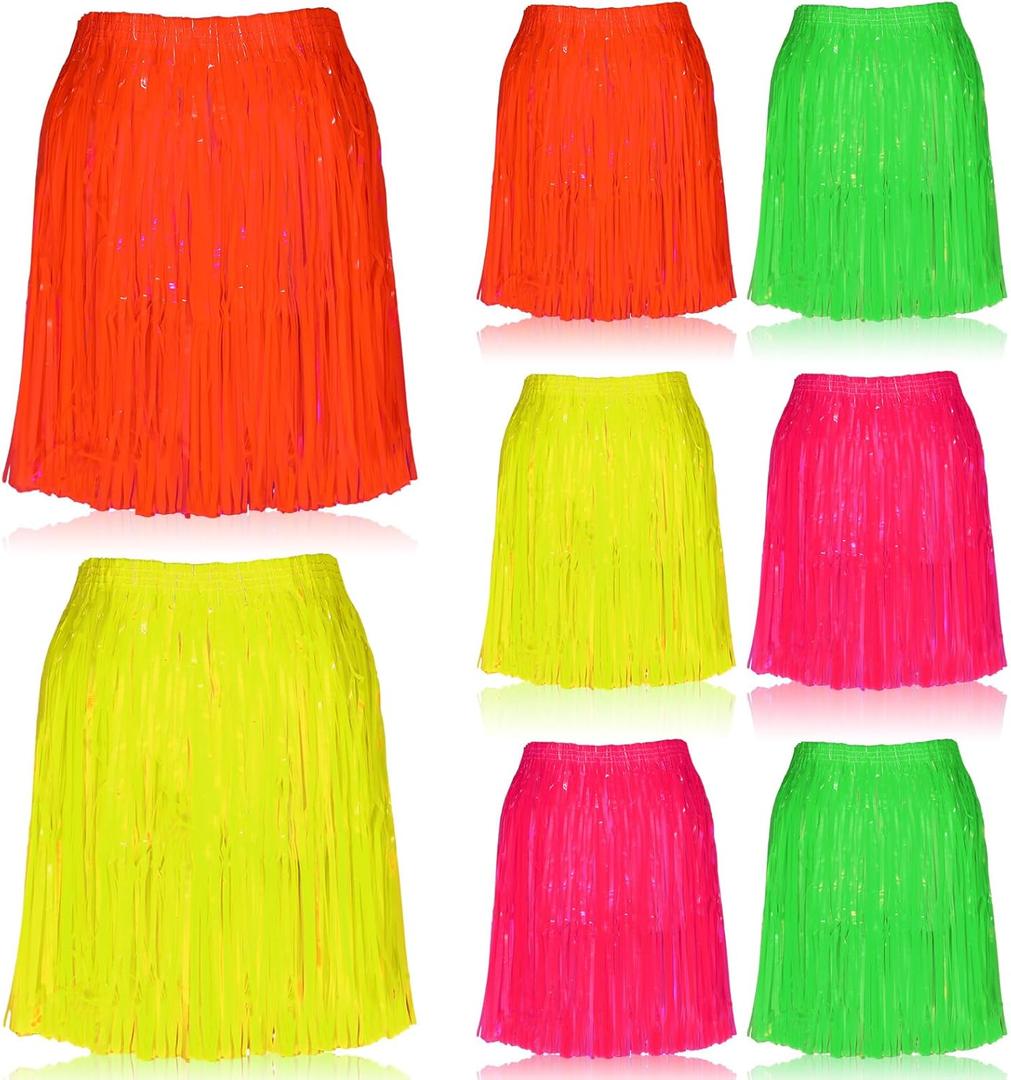 8 Pcs Neon Glow Foil Fringe Skirt 80s 90s Outfit for Women Glow in The Dark Party Outfits Light up Neon Party Favors for Wedding Birthday Concert Raves, Yellow Green Orange Rose Red