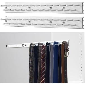 Blulu 2 Pcs Sliding Tie Rack Hanger for Closet, 25 Tie Pull Out Wall Mount Extending Sturdy Metal Belt Organizer Holder for Men Belt Storage, 13.8'' x 1.7'', Sliver
